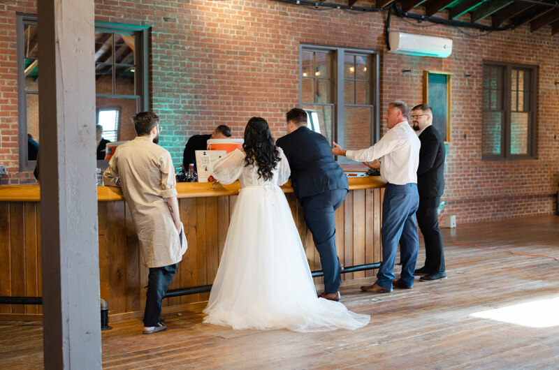 Bride and Groom in reception area of The Chair Factory in North Georgia
