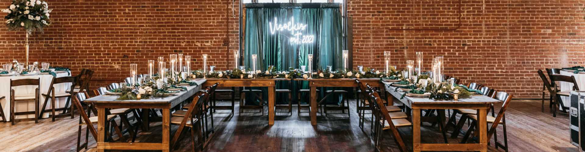 Reception area of The Chair Factory decorated for an industrial wedding