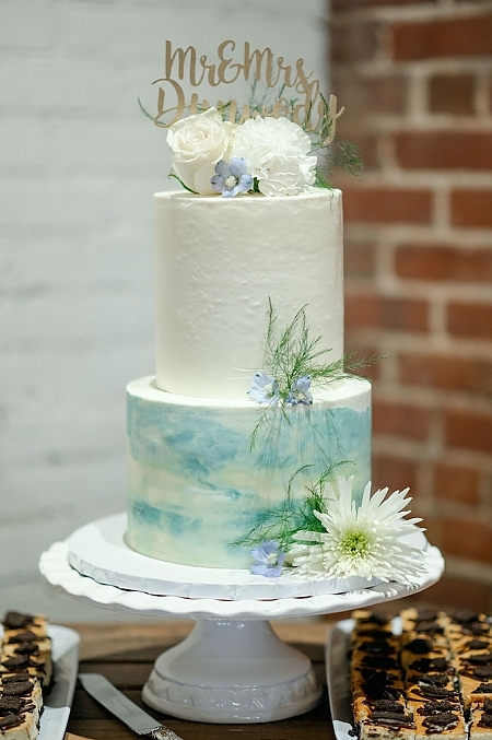Blue and White Wedding Cake with Flowers
