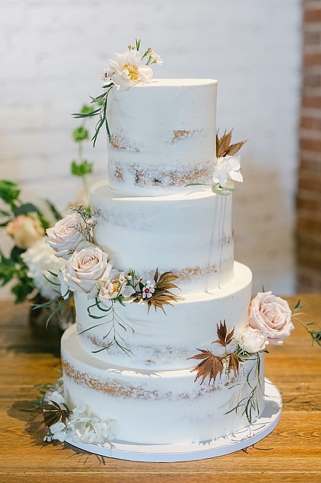 Naked Iced Wedding Cake with Pink Roses